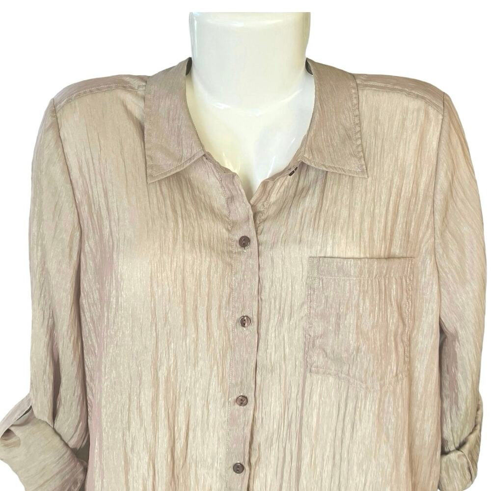 Chico's Women's Tan Button-Up Roll Sleeve Semi-Sheer Blouse Career SZ 2 L/12 - Picture 6 of 9